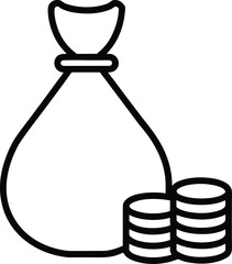 Line art icon of a tied money bag next to stacked coins isolated on transparent background