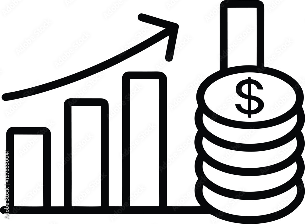 Poster line icon of a stack of currency with a bar chart beside it isolated on transparent background
