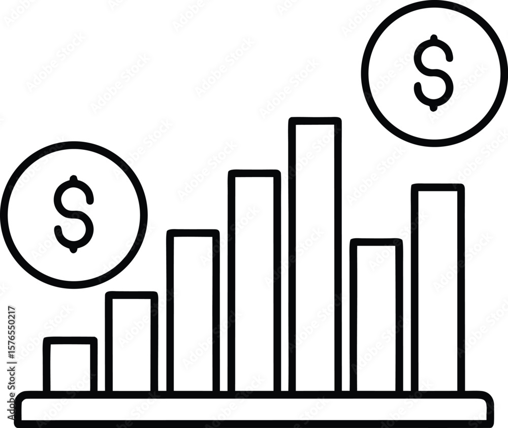 Poster outline icon of multiple dollar coins beside a bar graph isolated on transparent background