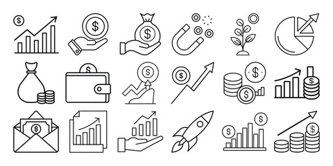 Collection of financial growth and investment icons isolated on white background