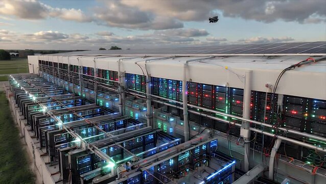 Aerial view of a futuristic data center with solar panels and a drone. This facility represents modern technology, server infrastructure, and cloud computing