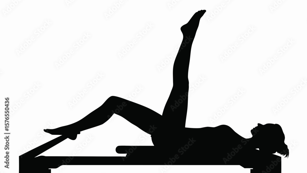 Poster silhouette of woman doing pilates reformer exercise with leg extended upward in a studio setting cre