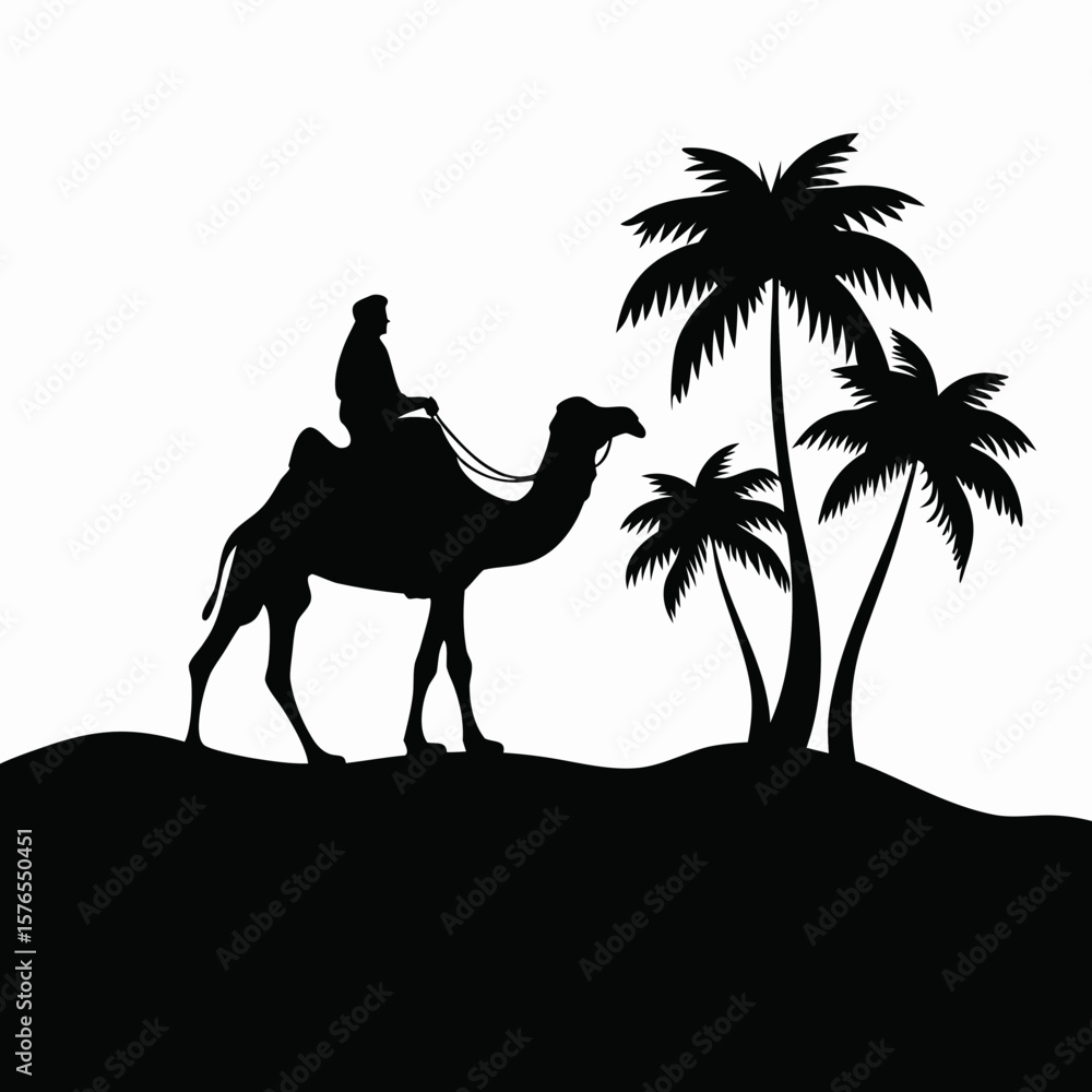 Poster silhouette of a man riding a camel with palm trees in the background on a desert landscape scene cre