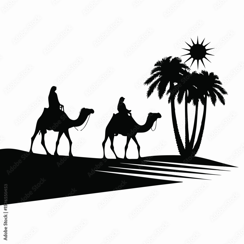 Poster silhouette of two people riding camels in desert with palm trees and sun in the background art creat