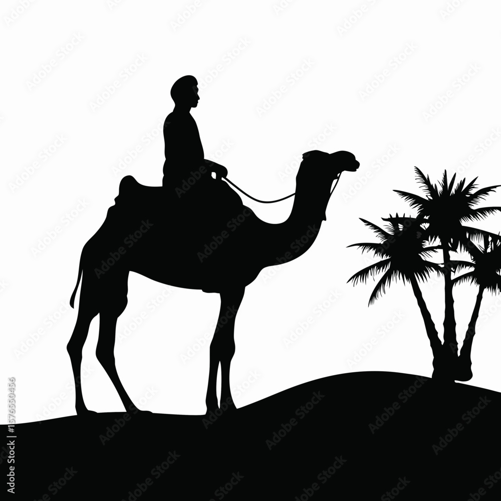 Poster silhouette of a man riding a camel through the desert near palm trees in black and white style art c
