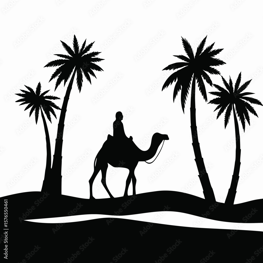 Poster silhouette of a person riding a camel through a desert landscape with palm trees in the background s