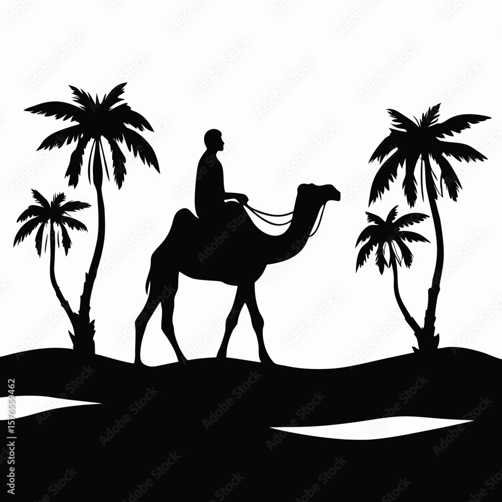 Poster silhouette of a man riding a camel through the desert with palm trees in the background in black and