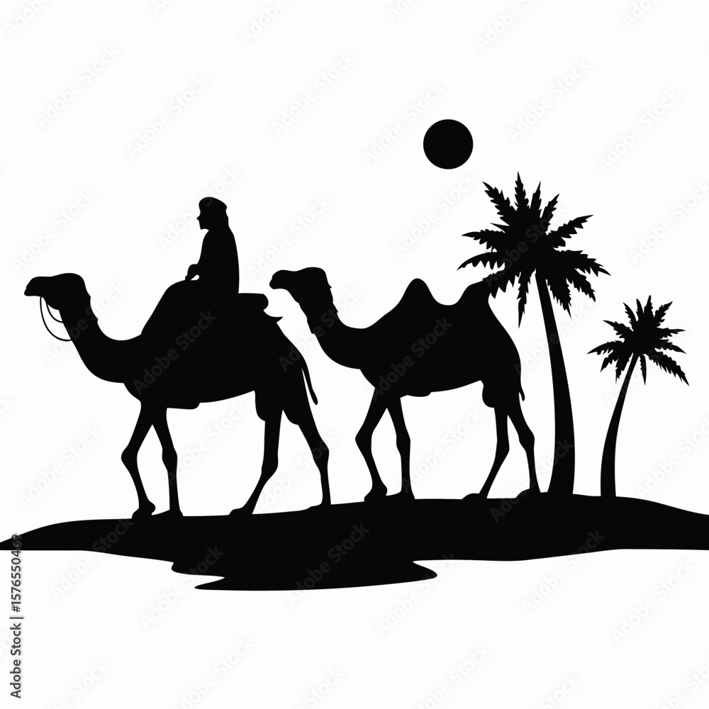 Poster silhouette of a man riding camels in the desert with palm trees and the sun in the background scene 