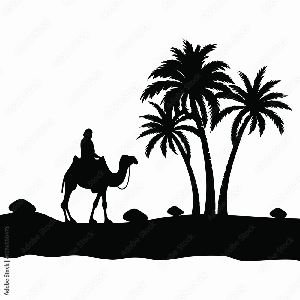 Poster silhouette of a person riding a camel near palm trees in a desert landscape with rocks at dusk hour 