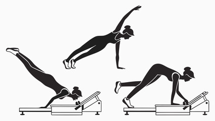 Illustrations showing a woman doing pilates exercises on a pilates reformer machine in black and white created with generated ai