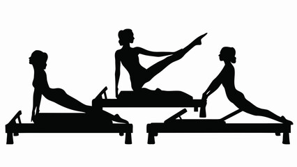 Three women doing pilates exercises on pilates reformer machines in silhouette against a white background created with generated ai