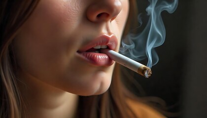 Obraz premium Woman smoking cigarette indoors, closeup of lips and cigerrete with smoke, created with generative ai