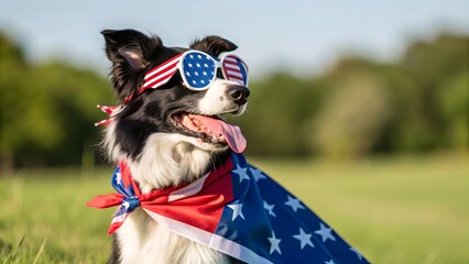 Girl and woman with American flag and a playful border collie dog outdoors in nature