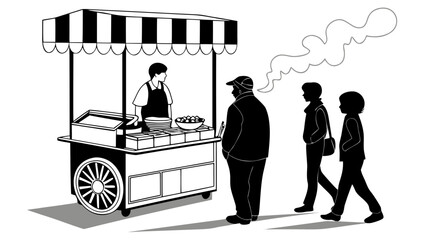 People at a food cart with striped awning and vendor serving customers in black and white illustration created with generated ai