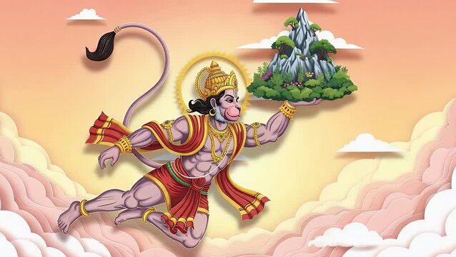 Hanuman lifting a mountain and flying illustration, Jai Hanuman
