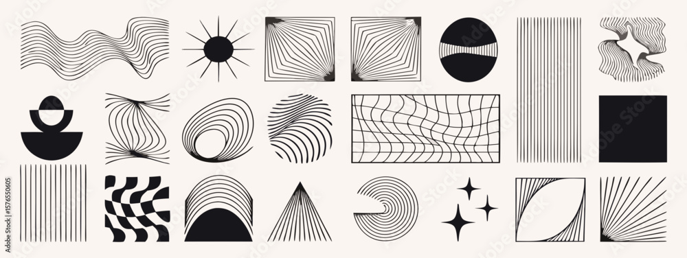 Poster collection of abstract geometric shapes and line art in black and white design elements created with