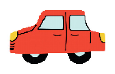 Pixel Car. 8-bit Children drawing Transport side view. Retro Gaming red sedan with simple details. Isolated kids toy Automobile. Vehicle, ride, wheels. Color primitive image. Vector illustration