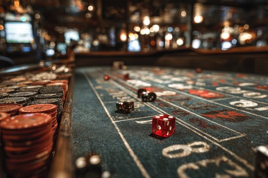Dice and chips are arranged on a Craps game table at a Casino in the late evening