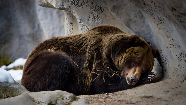 A large brown bear is curled up and sleeping soundly in a rocky cave, seeking shelter and warmth from the elements