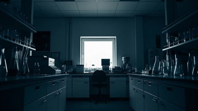 Empty Laboratory in Dark with Bright Window Light