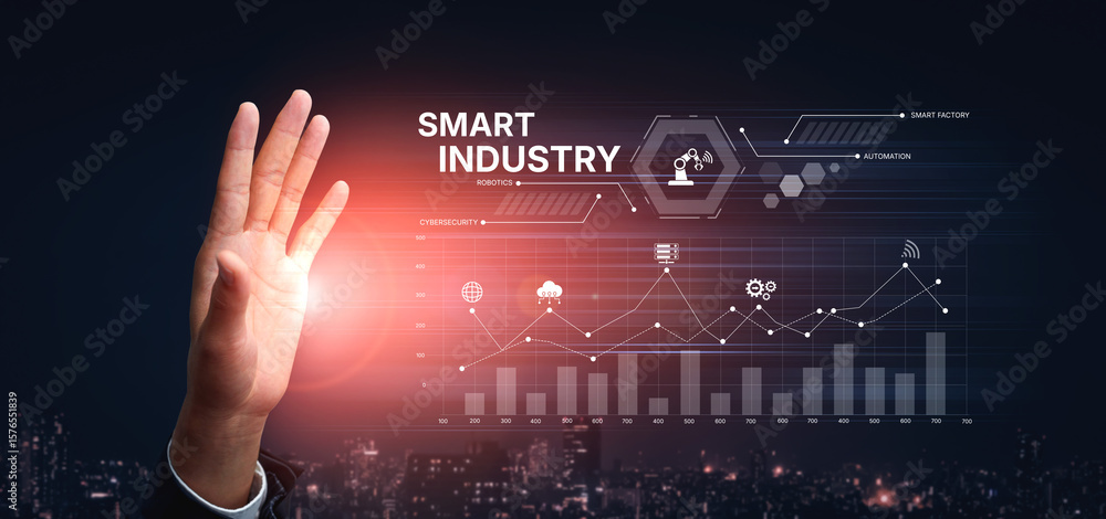 Poster smart industry dashboard combining automation, robotics, cloud integration, cybersecurity, and data 