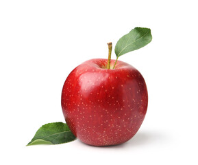 One red apple with leaves isolated on white