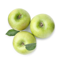 Fresh green apples with leaves isolated on white, top view