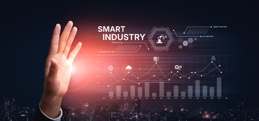 Smart industry dashboard combining automation, robotics, cloud integration, cybersecurity, and data...