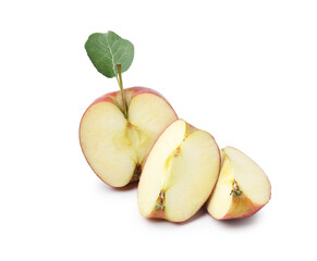 Pieces of fresh apple and leaf isolated on white
