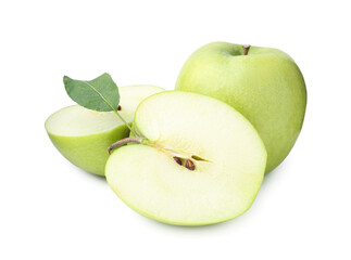 Cut and whole green apples with leaf isolated on white