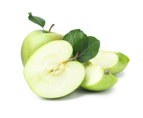 Cut, whole apples and leaves isolated on white
