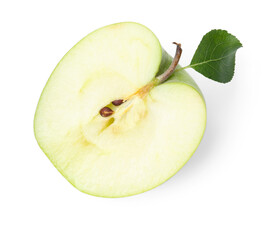 Half of fresh apple with leaf isolated on white, top view