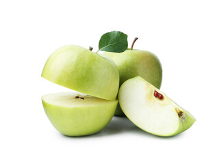 Fresh whole, cut apple slices with leaf isolated on white
