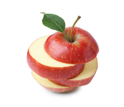 Stack of fresh red apple slices with green leaf isolated on white - Powered by Adobe