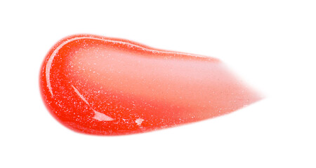 Bright coral lip gloss isolated on white, top view