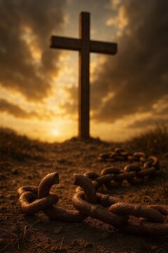 A Broken Chain Lying at the Foot of a Christian Cross, Symbolizing Freedom in Christ