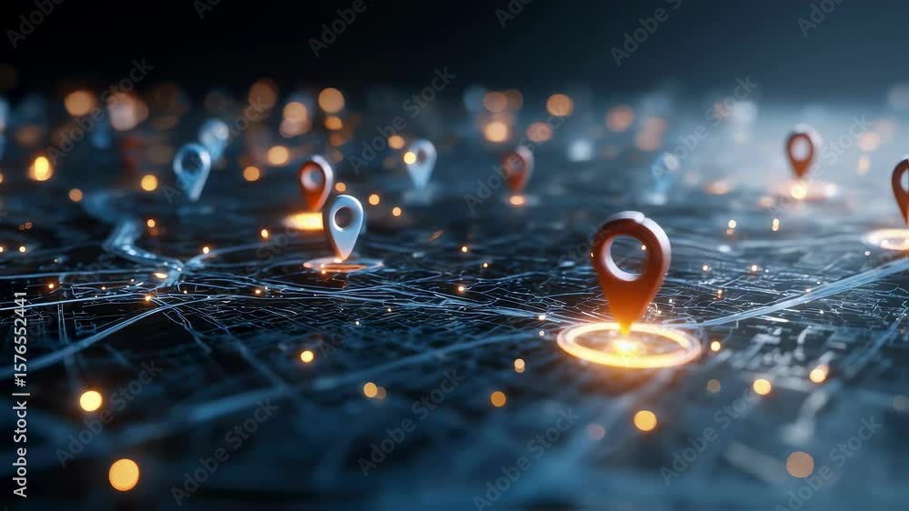 Aufkleber Captivating 4K animation featuring a sleek digital map adorned with pulsating location pins depicting the evolving landscape of geolocation technology and its pivotal role in enhancing