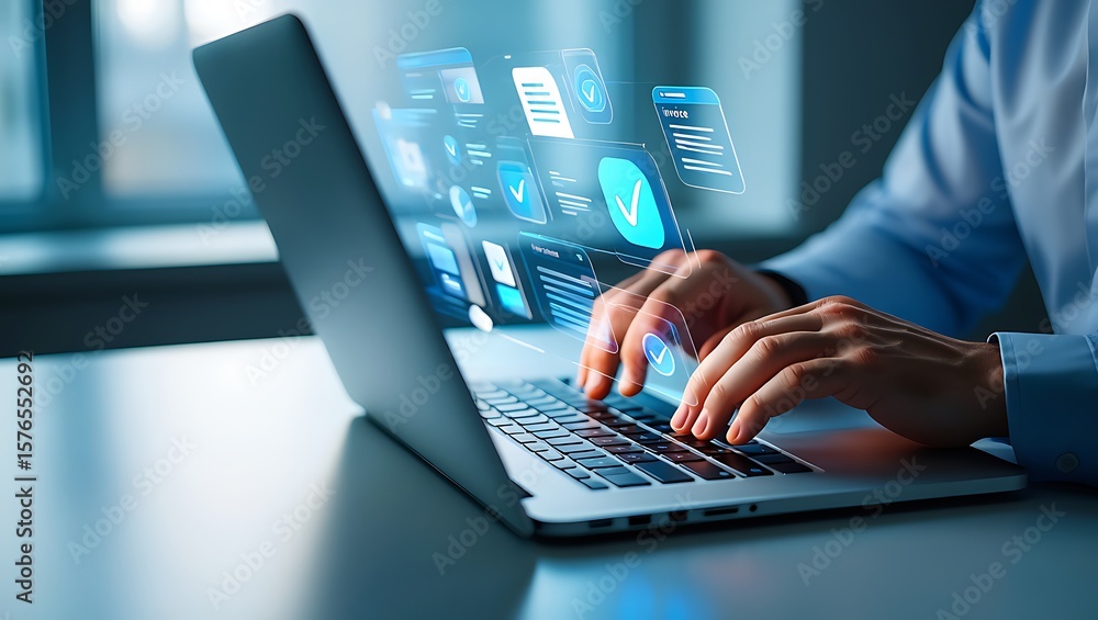 Poster modern laptop with holographic interface and user interaction, efficient workflow management on a sl