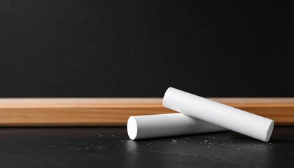 Two white chalks on dark surface
