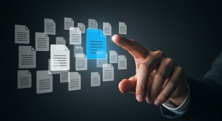 Data selection and file targeting concept with highlighted document icon and human hand