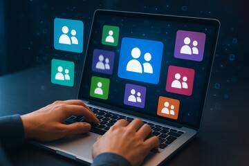 Human resources management and user group categorization with colorful icons and laptop interaction