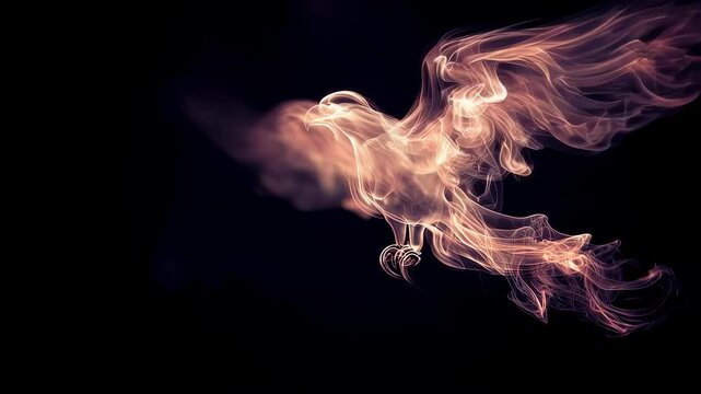 Intricate smoke patterns create the illusion of a phoenix in flight against a dark background, symbolizing rebirth and transformation. The delicate wisps convey a sense of mystery and elegance