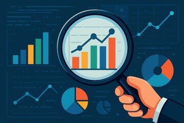 Data analysis with magnifying glass focusing on bar and line charts over digital interface
