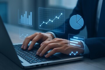 Hands typing on laptop keyboard with floating business graphics in professional office environment