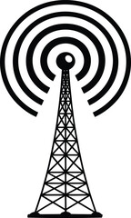 Black Silhouette of Radio Transmission Tower with Signal Waves Vector Illustration