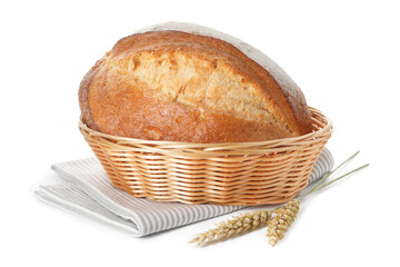 Loaf of fresh bread in wicker basket and spikes isolated on white