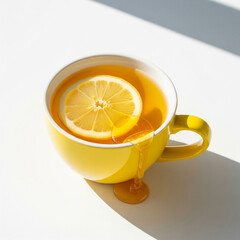 Bright cup of herbal tea with lemon and honey on white surface, high key soft light, fresh wellness drink copy