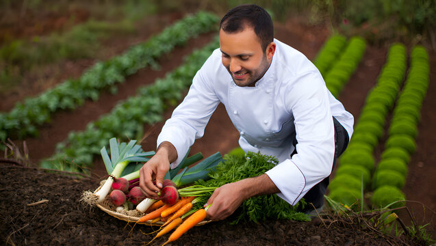 Chef gathering fresh produce from a garden image