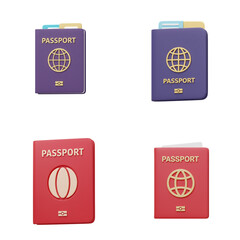 Colorful passport designs with globe and sports motifs isolated on transparent background  