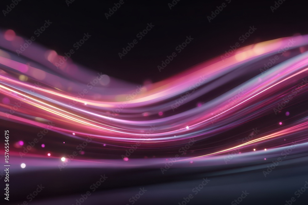 Poster flowing abstract streaks of light in shades of purple and pink with glittering particle effects crea